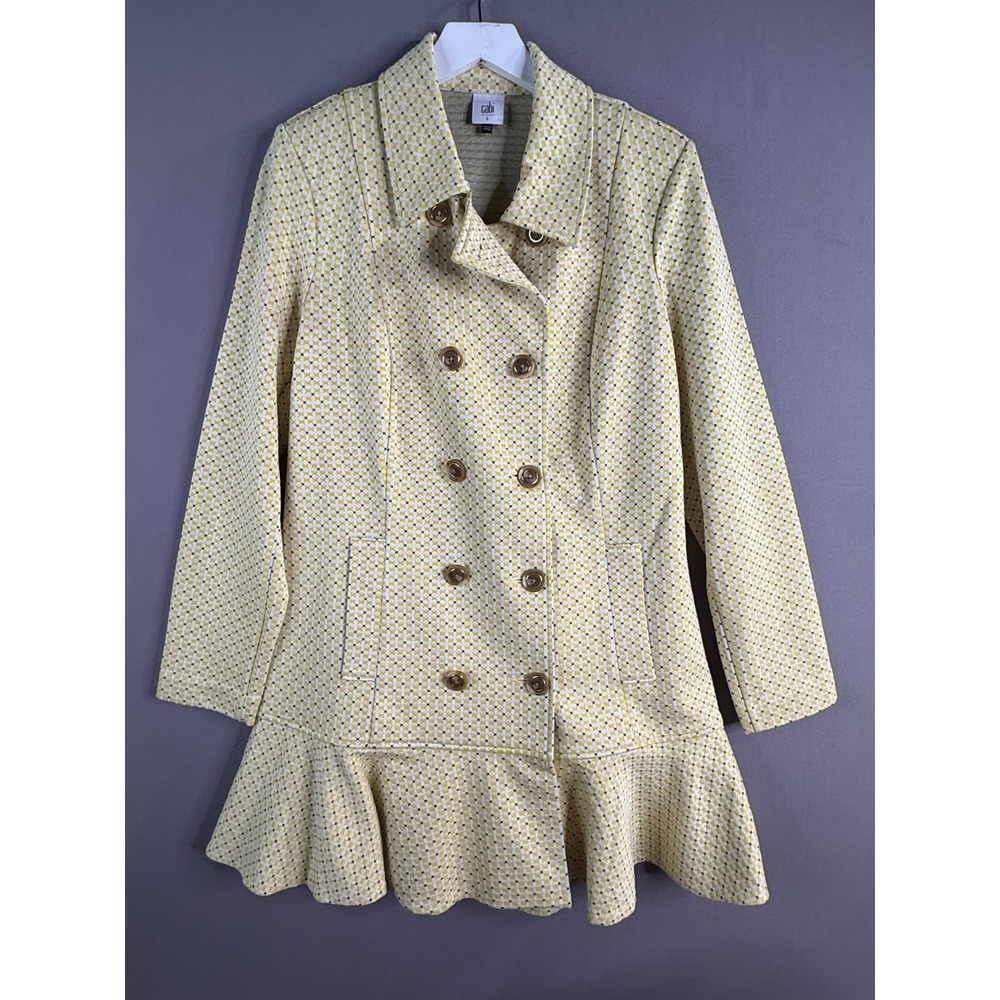 Cabi Hobnob Topper Women L Yellow Ruffle Peplum Double Breasted #6249 Twee Work